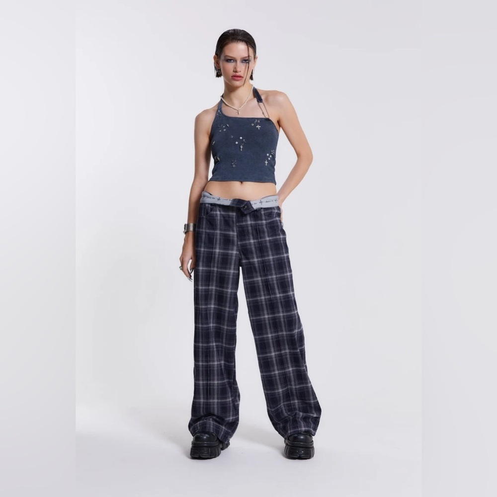 Jaded London Grunge Blue Navy Aphex Checked Checkered Velvet Fold Over Trousers